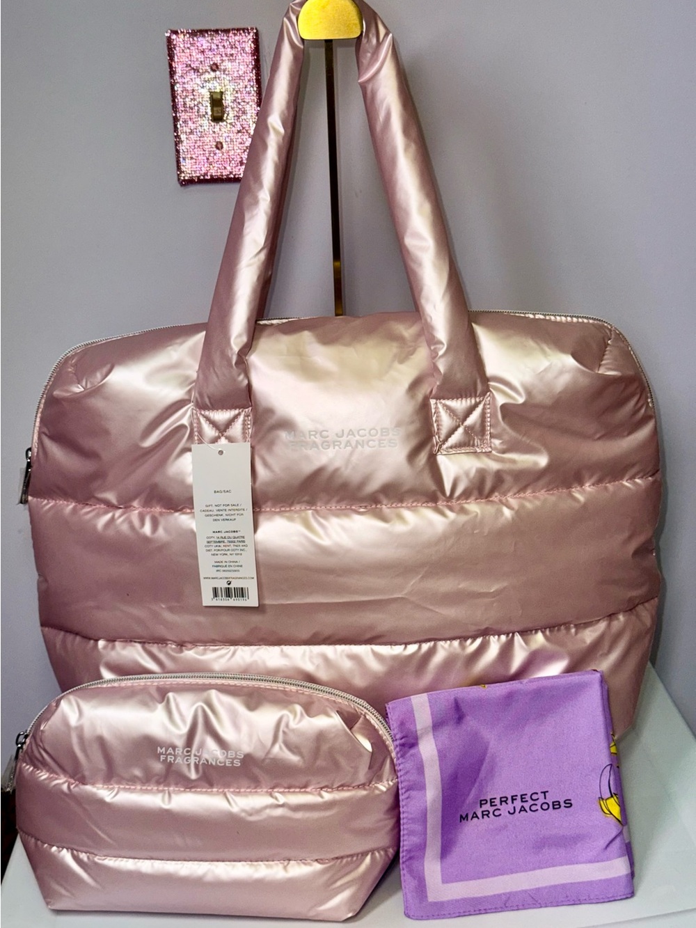 Marc Jacobs Rose Metallic Quilted Travel Bag with Matching Pouch